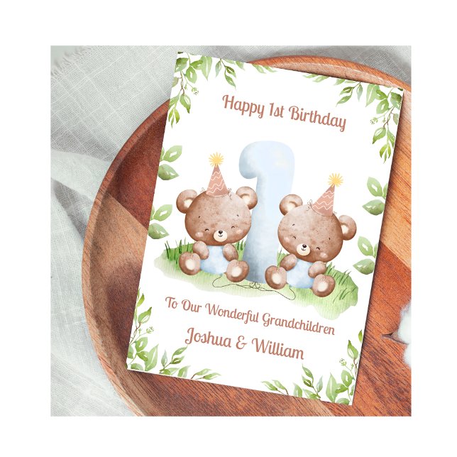 Boy Twins 1st Birthday Greenery Teddy Bear Card Kort (Skapare uppladdad)
