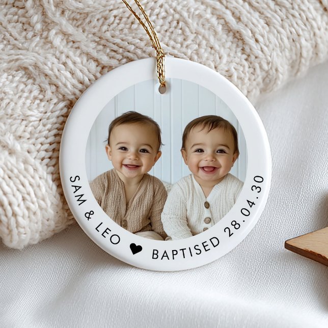 Boy Twins Baptism Photo Keepsake Julgransprydnad Keramik (Zazzle Boy Twins Baptism Photo Keepsake Ceramic Ornament)