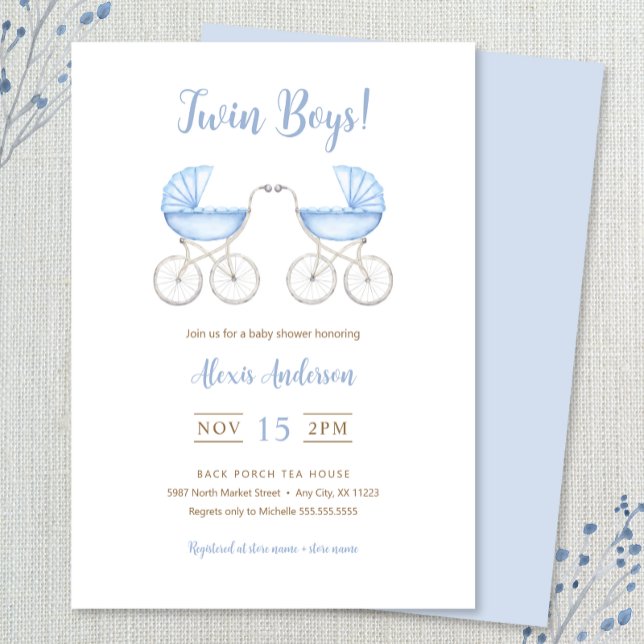 Boy Twins with blue Carriages Baby Shower Inbjudningar (Skapare uppladdad)
