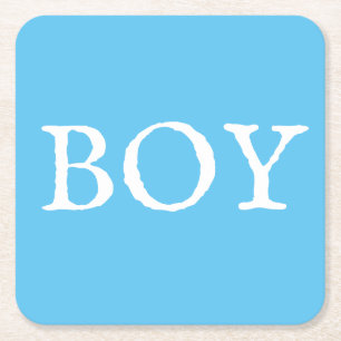 Boy Typography Blue Pojke Baby Shower Underlägg Papper Kvadrat