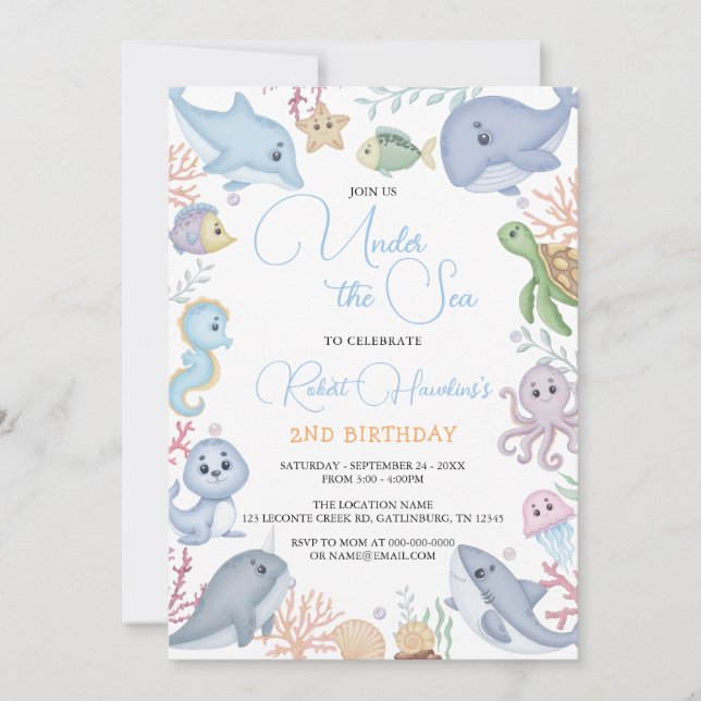 Boy under Sea Ocean Animals Birthday Inbjudningar (Framsida)