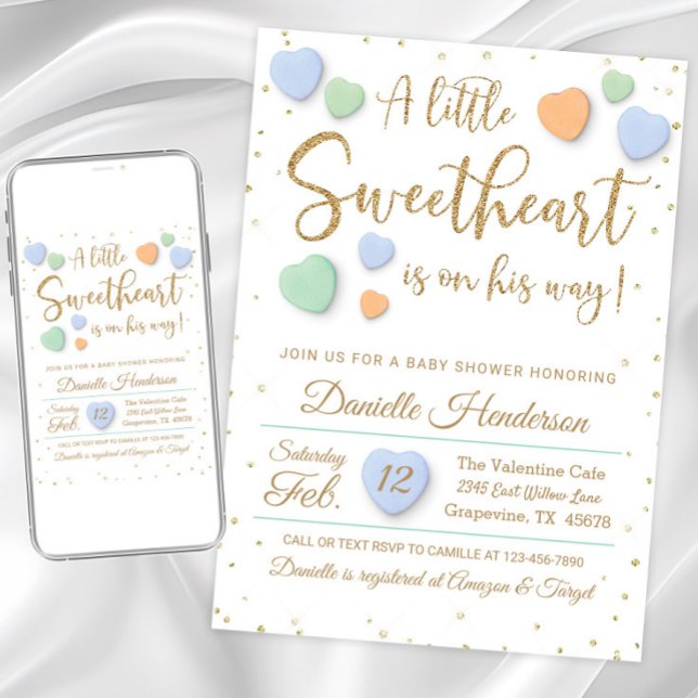 Boy Valentine Heart Baby Shower-inbjudningar Inbjudningar (Cute valentine hearts little sweetheart baby shower invitation. Two color options are available.)