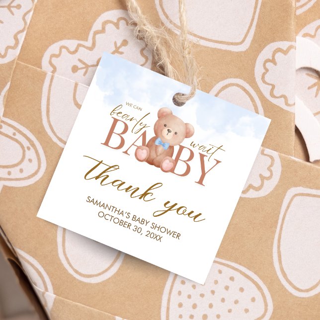 Boy vi kan bearly Wait Baby Shower Square Gåvor Etiketter (Blue We Can Bearly Wait Bear Baby Shower Square Favor Tags)