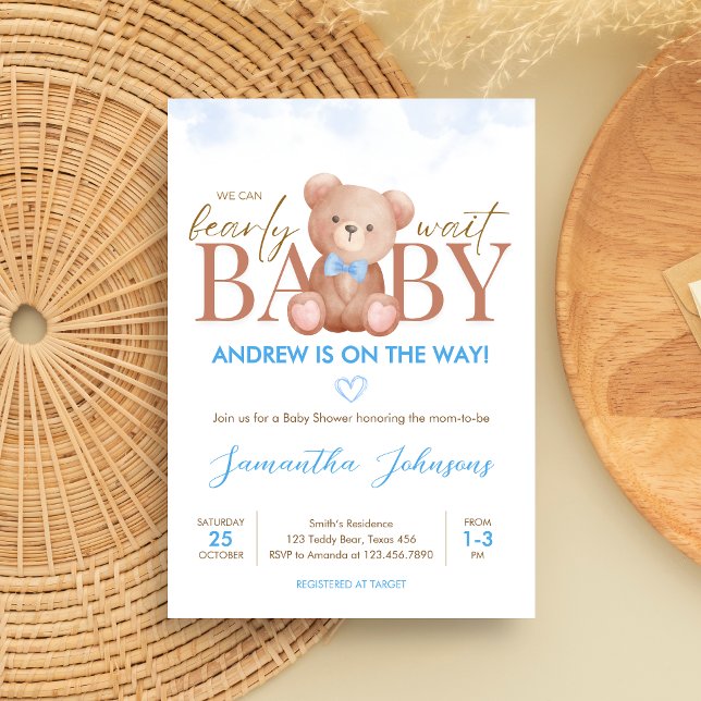 Boy vi kan bota vänta på babyduschen inbjudningar (Blue We Can Bearly Wait Bear Baby Shower Invitation)