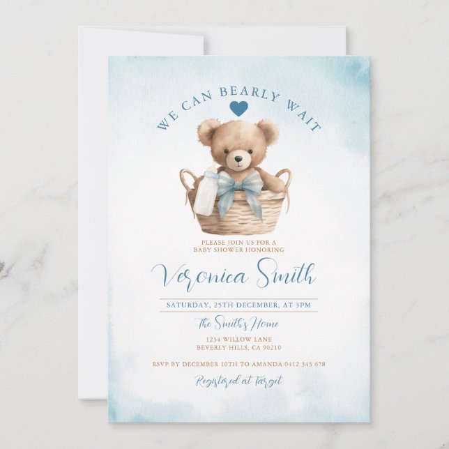 BOY Vi kan vänta tidigt på Blue Bear Baby Shower Inbjudningar (Framsida)