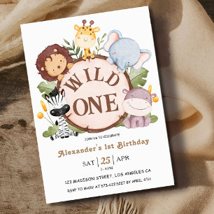 Boy Vild ONE 1:a födelsedagen Cute Safari Animals Inbjudningar