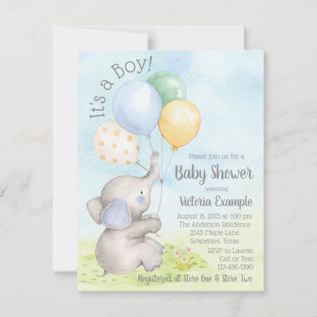 Boy Watercolor Elephant Baby Shower-inbjudningar Inbjudningar (Framsida)