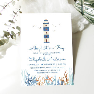 Boy Watercolor Lighthouse Baby Shower Inbjudningar