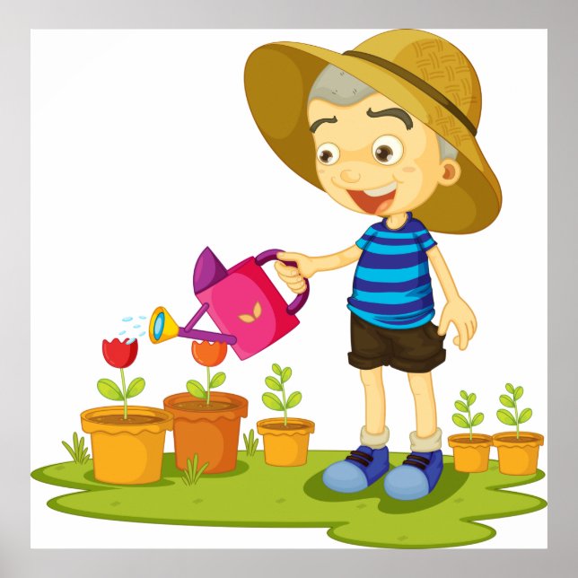 Boy Watering Plants Poster (Framsidan)