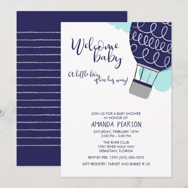 Boy Welcome Baby Luftballong Baby Shower Inbjudningar (Fram/baksida)