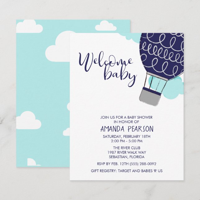 Boy Welcome Baby Luftballong Baby Shower Inbjudningar (Fram/baksida)