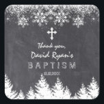Boy Winter Helgdag Snöflingor Chalkboard Baptism Fyrkantigt Klistermärke<br><div class="desc">Elegant,  Unik design med vit Snöflingor och Träd,  på kretskort. Använda Anpassa verktyg om du vill lägga till din information. Om du vill ha matchande objekt kan du besöka min Baptism/Christening Firande Collection.</div>