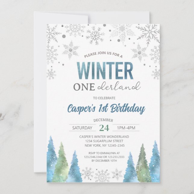 Boy Winter Onederland Snöflingor First Birthday Inbjudningar (Framsida)
