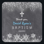 Boy Winter String Ljus Snöflingor Chalk Baptism Fyrkantigt Klistermärke<br><div class="desc">Elegant,  Unik design med vit Snöflingor,  färglöst ljus,  på kritersbakgrund. Använda Anpassa verktyg om du vill lägga till information,  ändra teckensnittet färg. Om du vill ha matchande objekt kan du besöka min Baptism/Christening Firande Collection.</div>