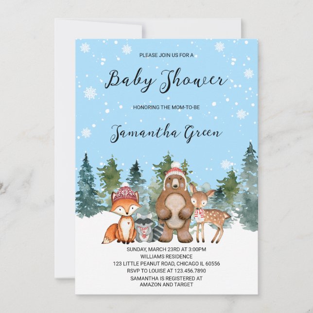 Boy Winter Woodland Baby Shower Inbjudningar (Framsida)