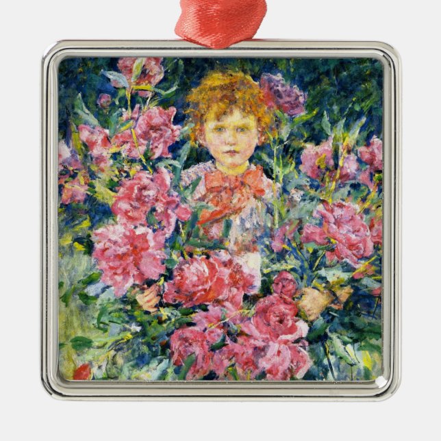 Boy with Red Peony Flowers (av Robert Reid) Julgransprydnad Metall (Framsidan)