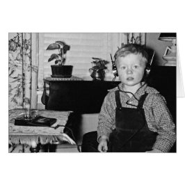 Boy with Retro Crystal Radio Set Humous Hälsningskort