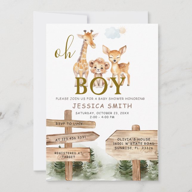 Boy Wood Forest Safari Animals Baby Shower Inbjudningar (Framsida)