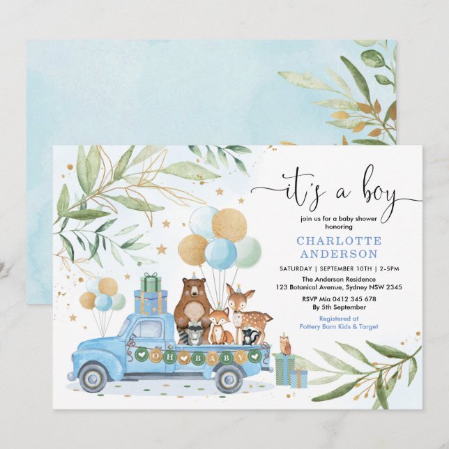 Boy Woodland Animal Blue Guld Greenery Baby Shower Inbjudningar (Fram/baksida)