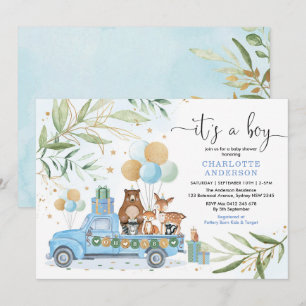 Boy Woodland Animal Blue Guld Greenery Baby Shower Inbjudningar