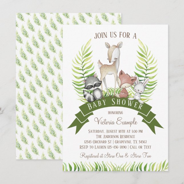Boy Woodland Animal Greenery Baby Shower Inbjudningar (Fram/baksida)
