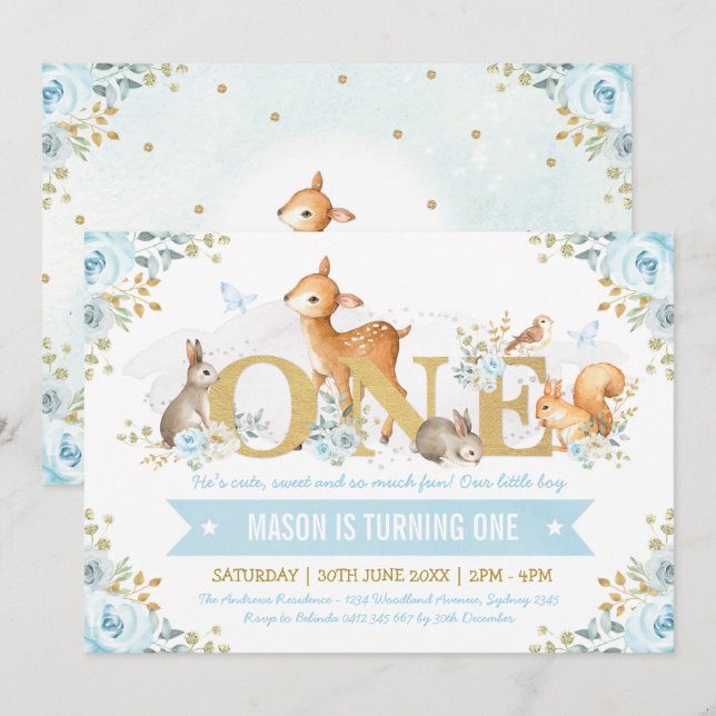 Boy Woodland Animals Blue Guld Blommigt 1:a födels Inbjudningar (Fram/baksida)