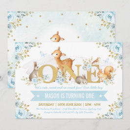 Boy Woodland Animals Blue Guld Blommigt 1:a födels Inbjudningar