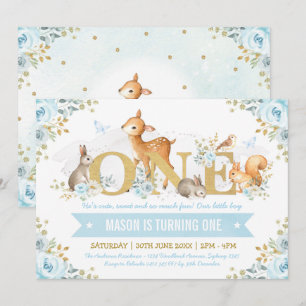 Boy Woodland Animals Blue Guld Blommigt 1:a födels Inbjudningar