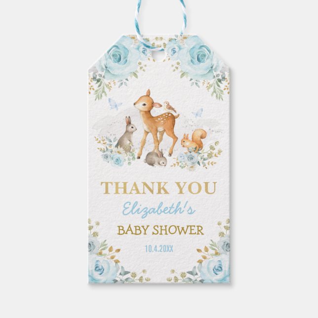 Boy Woodland Animals Blue Guld Blommigt Favors Presentetikett (Framsidan)