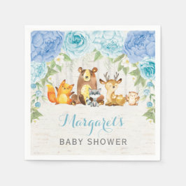 Boy Woodland Animals Dusty Blue Blommigt Baby Show Pappersservett