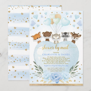 Boy Woodland Baby Shower by Mail Blue Guld Hearts Inbjudningar