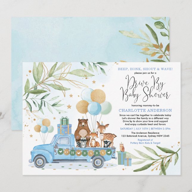 Boy Woodland Forest Drive by Baby Shower Parad Inbjudningar (Fram/baksida)