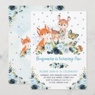 Boy Woodland Forest Navy Blue Blommigt 1:a födelse Inbjudningar