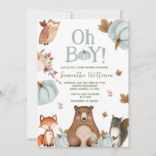 Boy Woodland Pumpkin Animals Baby Shower Inbjudningar (Framsida)