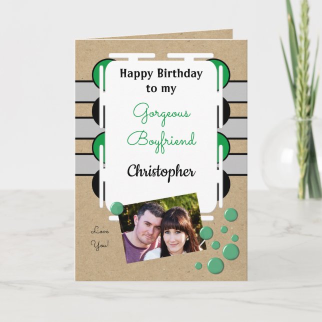 Boykompis grattis på födelsedagen grönt grått foto kort (Framsida)