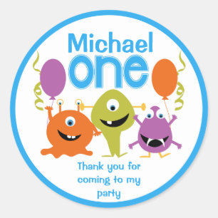 Boys 1:a födelsedag Party Monsters Sticker Runt Klistermärke