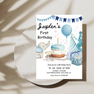 Boys 1st Birthday-Cute Modern Blue First Birthday Inbjudningar