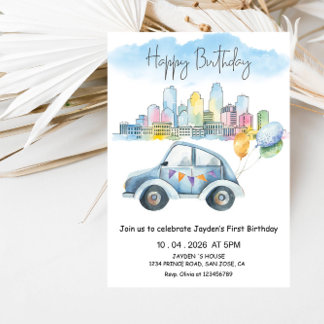 Boys 1st Birthday-Cute Modern Blue First Birthday Inbjudningar