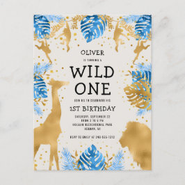 Boys 1st Birthday Party Blue Ecru Safari Inbjudan Vykort