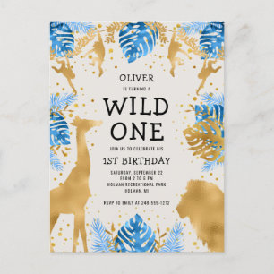 Boys 1st Birthday Party Blue Ecru Safari Inbjudan Vykort