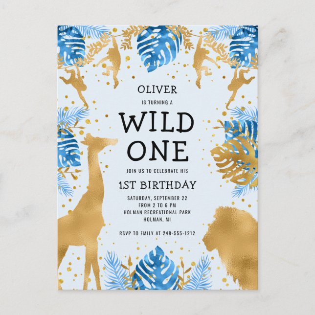 Boys 1st Birthday Party Blue Jungle Safari Inbjudan Vykort (Framsida)