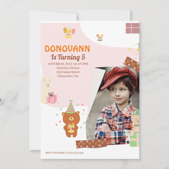 Boys 5:a Födelsedagsfesten, primärt Färg-kort Inbjudningar (Framsida)