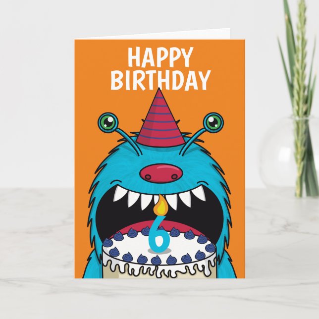 Boys 6e Birday Blue Monster Cute Card Kort (Framsida)