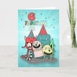 Boys 6e Birthday Red and Blue Tecknad Monsters Kort