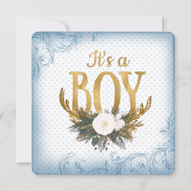 Boys Antler Baby Shower Blue och Guld Inbjudningar (Framsida)