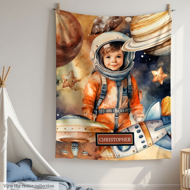 Boys Astronaut Blanket Personlig Space Planets Fleecefilt (Boys Astronaut Blanket Personalized Space Planets Gift)