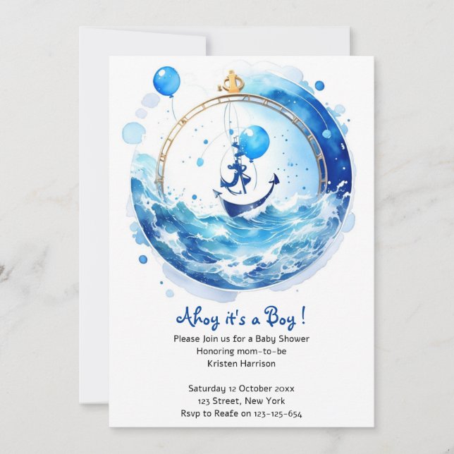 Boy's Äventyr Nautical Watercolor Baby Shower Inbjudningar (Framsida)