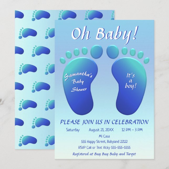 Boys Baby Feet Baby Shower Blue Ombre Baby Shower Inbjudningar (Fram/baksida)