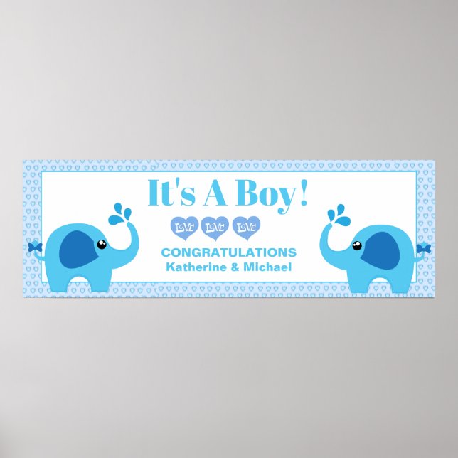 Boys Baby Shower Blue Elephant Party Banner Poster (Framsidan)