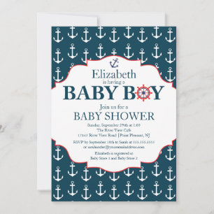 Boys Baby Shower för nautisk blå och vit fästdon Inbjudningar